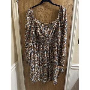 SHEIN Vaycay Ditsy Floral Shirred Bodice Square Neck Dress Plus Size 2XL Peplum
